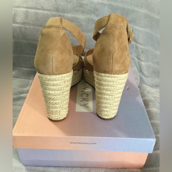 Lisa Vicky Gemi Cognac Kid Suede Platform Espadrille Wedges Size 9M - Picture 4 of 12